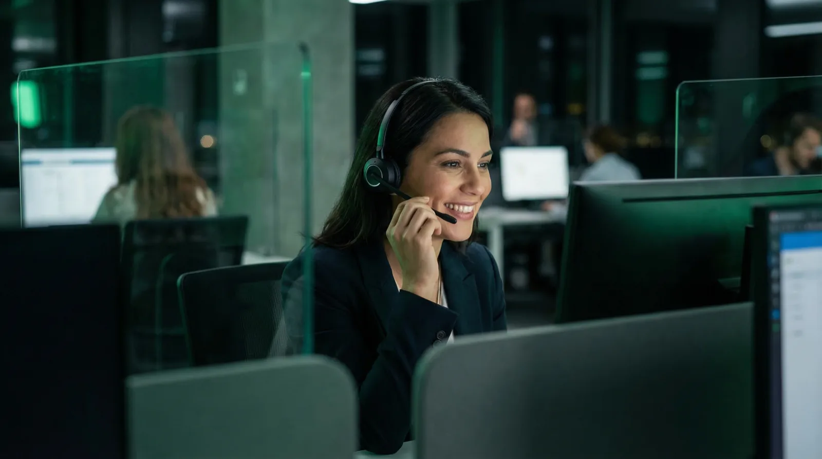 Vrouw met headset in call center omgeving